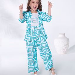 Ministitch Smile Text Printed Top & Pant With Three Fourth Puffed Sleeves Jacket Set - Blue-image-24