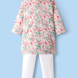 Ridokidz Cotton Full Sleeves Floral Printed & Striped Kurta Pyjama Set - White & Pink-image-72