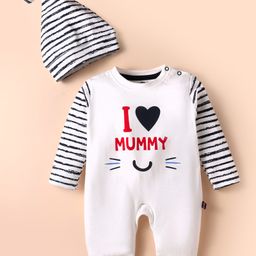 Mini Taurus Interlock Knit Full Sleeves Romper with I Love Mummy Print & Cap - White & Navy Blue-image-38