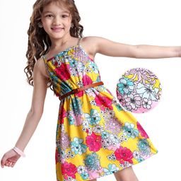 Hola Bonita Knit Sleeveless Frock With Floral Print & Belt - Yellow-image-13