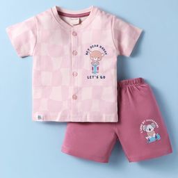 CUCUMBER Sinker Knit Half Sleeves Shorts Night Suit With Animal Print - Pink-image-68