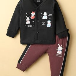 CUCUMBER Sinker Knit Full Sleeves Front Open T-Shirt & Jogger with Animal Print - Black & Brown-image-71
