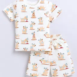 Snuggly Monkey 100% Cotton Knit Half Sleeves Dogs Printed Coordinating Night Suit Set - Cream-picture-2
