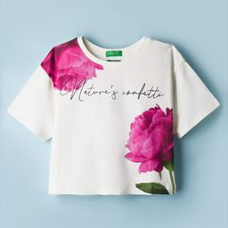 UCB 100% Cotton Knit Half Sleeves Cropped T-Shirt with Digital Floral Print - Offwhite-picture-1