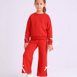 Aww Hunnie Terry Knit Full Sleeves Side Taped & Bow Applique Detailed Sweatshirt & Pant Set - Red-picture-30