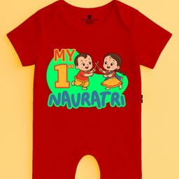 The Peppy Tend 100% Cotton Knit Navratri Theme Half Sleeves My 1st Navratri Text Printed Romper - Red-picture-31