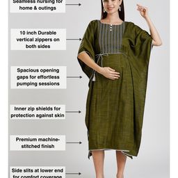 Dummy Shape Three Fourth Sleeves Abstract Embroidered Stretchable Maternity Kaftan Kurta With Attached Dori Belt & Concealed Zipper Nursing Access - Olive Green image 4