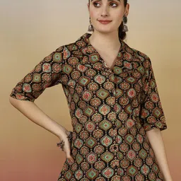 NISHABD Geometric Print Block Print Cotton Top-22