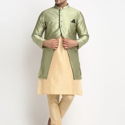 Benstoke Men Green & Gold-Coloured Woven Design Sherwani-image-12