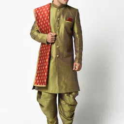 DEYANN Men Olive Green Woven Design Dupion Silk Sherwani with Dhoti Pants & Dupatta-picture-13