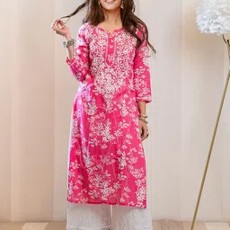 DIVASTRI Floral Embroidered Notch Neck Chikankari Straight Kurta-picture-37