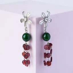 Shrim jewels Brass-Plated Garnet Beaded Oxidised Floral Shaped Drop Earrings-picture-15