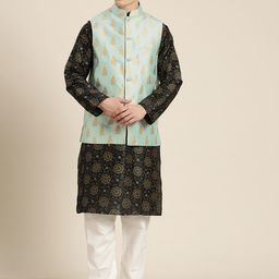 SOJANYA Men Black & Gold Floral Print Straight Kurta Churidar & Woven Design Nehru Jacket-52