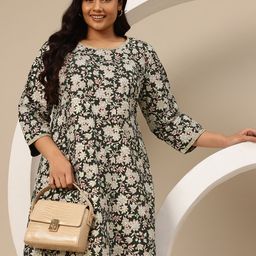 Sztori Plus Size Floral Printed Gotta Patti Detail A-Line Kurta-15