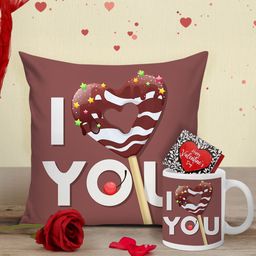 Tied Ribbons Brown & White Valentine Cushion with Mug, Rose and Mini Card-63