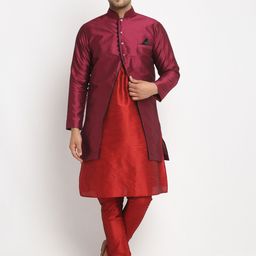 Benstoke Men Purple & Red Woven Design Sherwani Set-picture-22