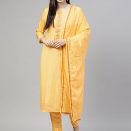 SheWill Women Yellow Ethnic Motifs Embroidered Regular Pure Silk Kurta with Trousers & With Dupatta-picture-7