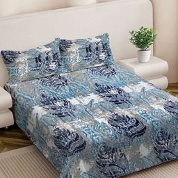 FABINALIV Navy Blue & White Printed Wool 300 TC King Bedsheet 2.50 m X 2.25 m-picture-39