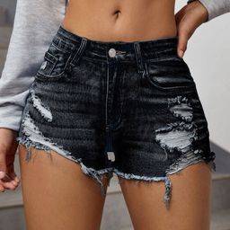 AVANOVA Women Washed High-Rise Frayed Edges Ripped Raw Hem Cotton Denim Shorts-image-83