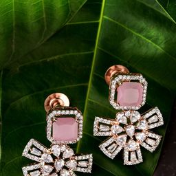 Saraf RS Jewellery Rose Gold & Pink American Diamond Studded Floral Drop Earrings-image-79