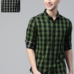 HERE&NOW Men Green & Black Pure Cotton Slim Fit Reversible Buffalo Checks Casual Shirt-image-26
