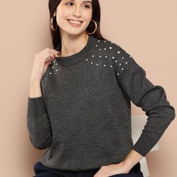 HERE&NOW Melange Effect Pearl Detail Acrylic Pullover-6