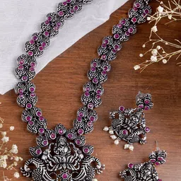 TEEJH Oxidised Silver-Plated Purple & White Faux Stone-Studded & Beaded Handcrafted Temple Jewellery Set-15