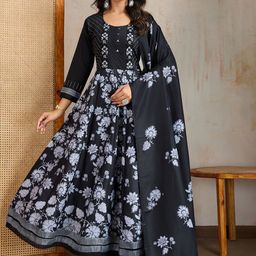 Inddus Women Floral Printed Regular Thread Work Kurta with Trousers & With Dupatta-image-90