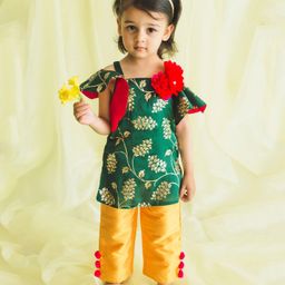 Saka Designs By Sapna Cold Shoulder Leaf Motif Foil Printed Kurta With Pants - Green & Mustard Yellow-image-13