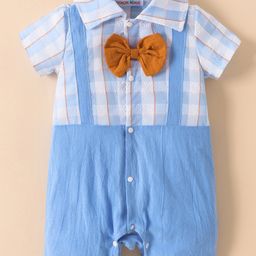 Kookie Kids Half Sleeves Checked Romper With Bow Applique- Blue-picture-28