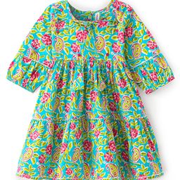 Babyhug Cambric Woven Three Fourth  Sleeves Floral Printed Ethnic Dress - Light Green-image-99