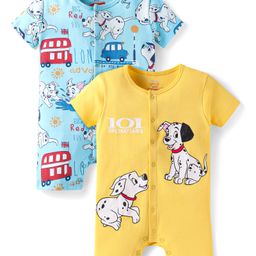 Babyhug Disney Interlock Knit Half Sleeves Rompers With 101 Dalmatians Graphics Pack of 2 - Yellow & Blue-image-60