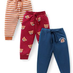 Babyhug Cotton Knit Full Length Lounge Pants With Stripes & Teddy Print Pack Of 3 - Orange Red & Blue-image-77