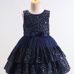 Mark & Mia Sleeveless Knee Length  Sequined Layered Party Frock with Bow & Pearl Detailing - Navy Blue-image-95