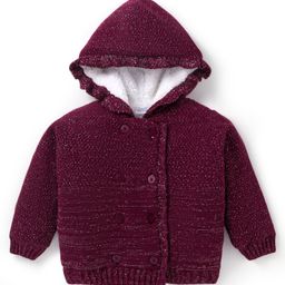 Babyoye Knitted Full Sleeves Solid Colour Front Open Hooded Sweater with Shimmer Detailing - Wine-image-21