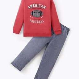 Cucumber Single Jersey Knit Full Sleeves American Football Printed T-Shirt &  Lounge Pants Set - Dark Red-picture-4