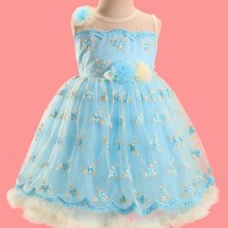 Bluebell Net Woven Sleeveless Frock With Floral Embroidery & Corsage Applique - Light Blue-picture-14
