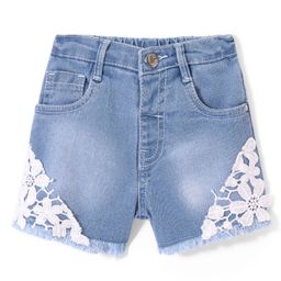 Babyhug Cotton Denim Washed Stretchable Shorts with Lace Detailing - Blue-image-96