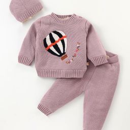 Yellow Apple Knitted Full Sleeves Pullover Sweater Set With Air Balloon Design - Dusty Pink-image-96