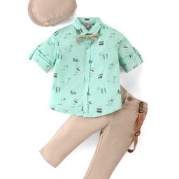 ToffyHouse 100% Cotton Woven Full Sleeves Beach Theme Printed Shirt & Trouser Set with Bow Hat & Suspender - Tan & Green-image-77