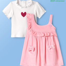 Babyoye Cotton Rib Knit Frock & Half Sleeves Inner Tee With Bow Applique - Pink & White-picture-17