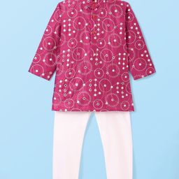 Ridokidz Full Sleeves Mirror Work Embellished & Embroidered Kuta Pyjama - Onion Pink-image-7