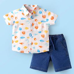 Babyhug Cotton Woven Half Sleeves Sea Life Printed Shirt & Denim Shorts -White & Blue-image-5