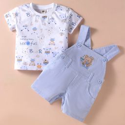 ToffyHouse Cotton Knit Half Sleeves T-Shirt & Dungaree With Bear Print & Embroidery - Light Blue-image-86
