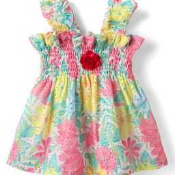 Dew Drops Cotton Woven Sleeveless Frock with Smock Detailing & Floral Print - Pink-image-93
