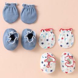 Ben Benny 100% Cotton Knit Solid & Star Printed Mittens & Booties Pack of 2 - White & Blue-13