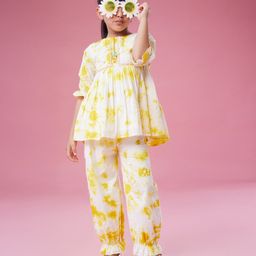 MASTARANG Cotton Half Peasant Sleeves Tie Dye Chevron Embroidered Swiss Dot Detailed Coordinating Top & Pant Set - Yellow-image-71