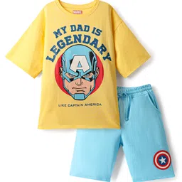 Pine Kids Marvel Single Jersey Knit Half Sleeves Drop Shoulder T-Shirt & Short Set With Captain America Graphics - Yellow & Blue-picture-13