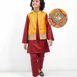 Pine Kids Woven Full Sleeves Solid Color Kurta Pyjama Set with Floral Embroidered & Mirror Work Detailing Jacket - Maroon & Yellow-image-34