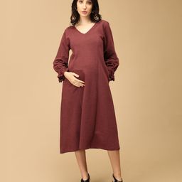 The Mom Store Cotton Full Poet Sleeves Solid Maternity Dress With Nursing Access - Maroon-image-29